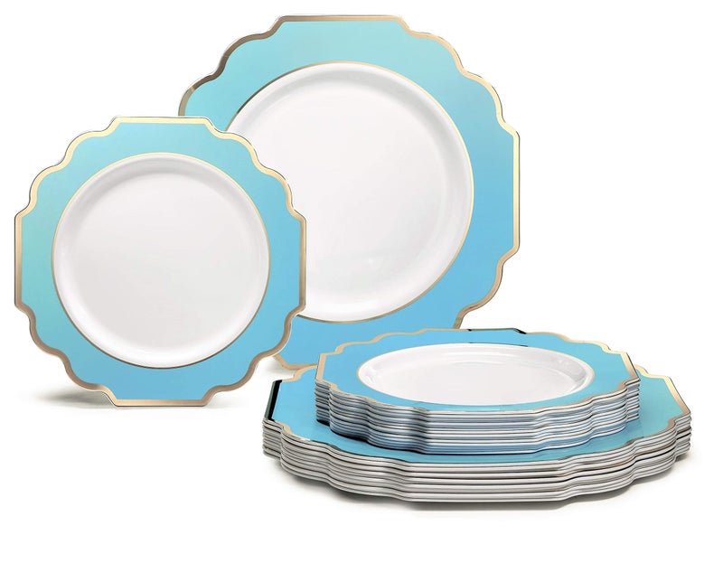 OCCASIONS FINEST PLA "" OCCASIONS "" 50 Plates Pack (25 Guests)-Heavyweight Wedding Party Disposable Plastic Plate Set -(25x10.5'' Dinner + 25x8'' Salad/dessert (Imperial Aqua/Gold) - Image 1