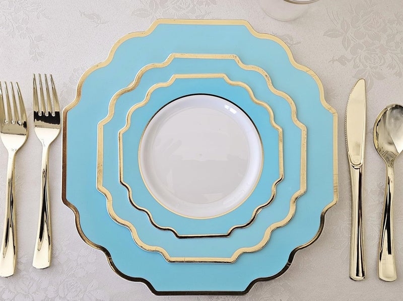 OCCASIONS FINEST PLA "" OCCASIONS "" 50 Plates Pack (25 Guests)-Heavyweight Wedding Party Disposable Plastic Plate Set -(25x10.5'' Dinner + 25x8'' Salad/dessert (Imperial Aqua/Gold) - Image 2