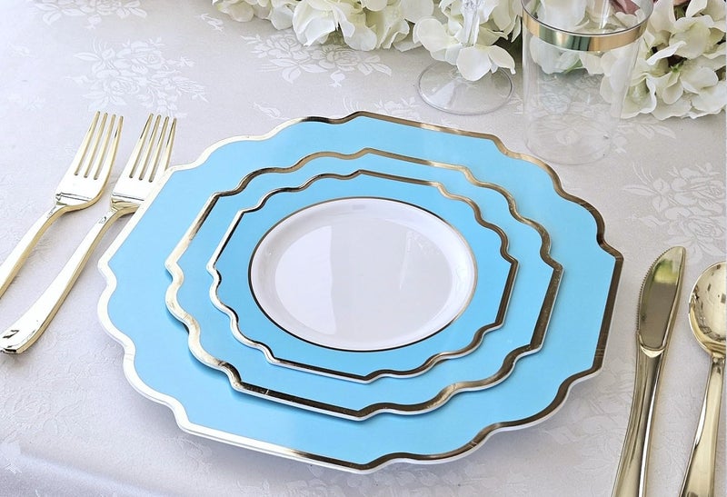 OCCASIONS FINEST PLA "" OCCASIONS "" 50 Plates Pack (25 Guests)-Heavyweight Wedding Party Disposable Plastic Plate Set -(25x10.5'' Dinner + 25x8'' Salad/dessert (Imperial Aqua/Gold) - Image 3
