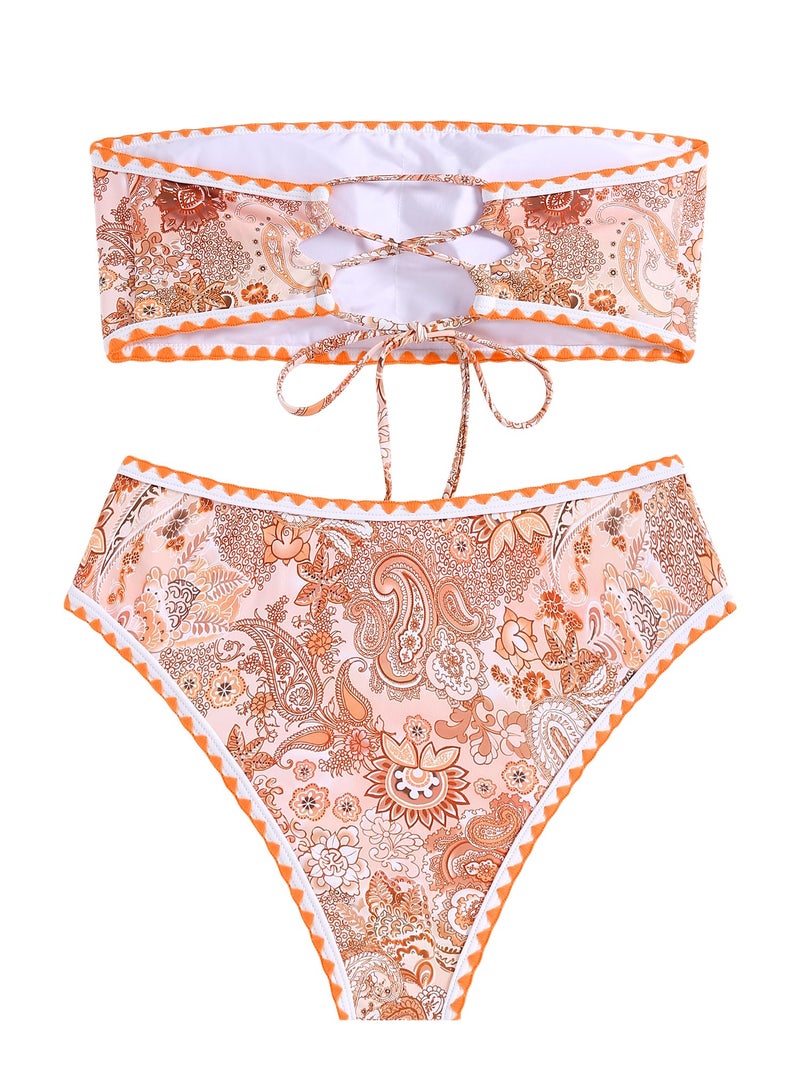ZAFUL Women Strapless Textured Bandeau Bikini 2 Piece Swimwear Cheeky Solid Lace up Bathing Suits(8-Orange Pink,S) - Image 3