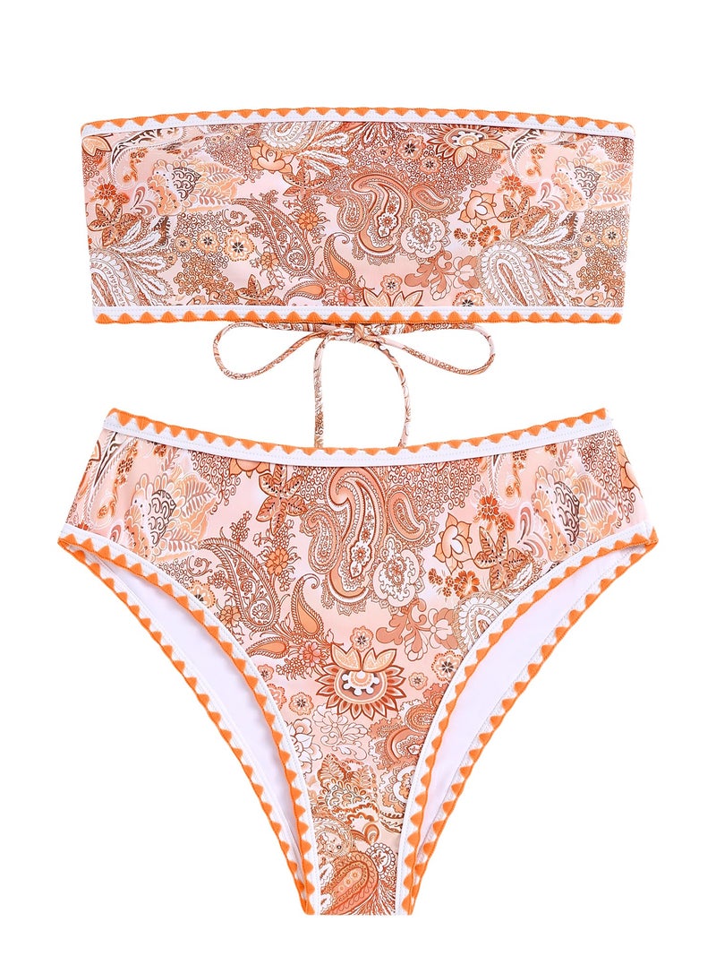 ZAFUL Women Strapless Textured Bandeau Bikini 2 Piece Swimwear Cheeky Solid Lace up Bathing Suits(8-Orange Pink,S) - Image 2