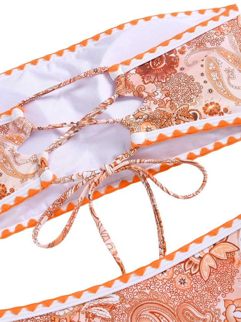 ZAFUL Women Strapless Textured Bandeau Bikini 2 Piece Swimwear Cheeky Solid Lace up Bathing Suits(8-Orange Pink,S) - Image 5