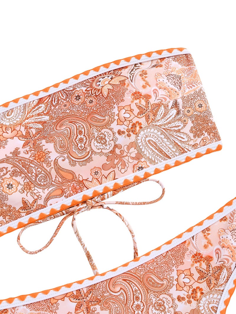 ZAFUL Women Strapless Textured Bandeau Bikini 2 Piece Swimwear Cheeky Solid Lace up Bathing Suits(8-Orange Pink,S) - Image 4