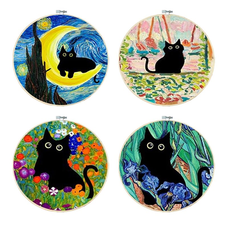 Tiwabb 4 Pack Stamped Cross Stitch Kits with Frame - Black Cat Flower Starry Sky Moon Embroidery Kits for Beginners Adults,11 CT Patterns Dimensions Counted Cross Stitch Kits Arts Craft Kits 7.8 x 7.8 inch - Image 1
