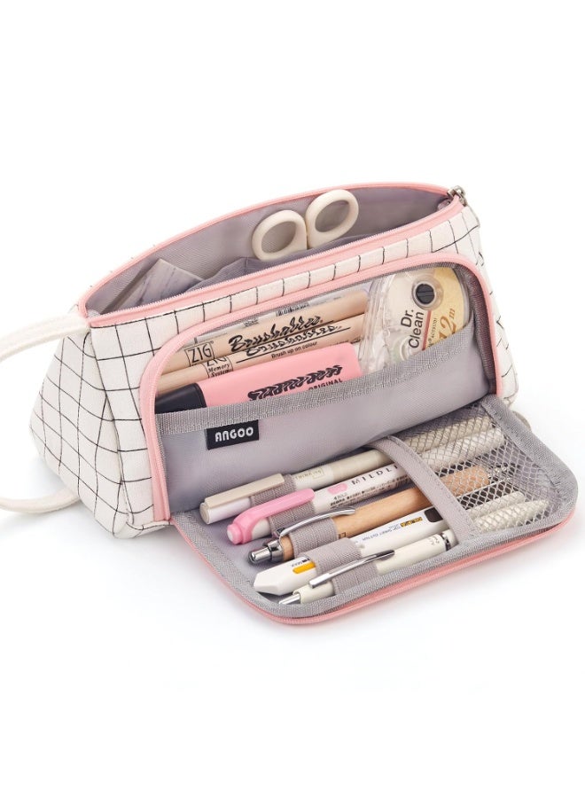 EASTHILL Medium Capacity Colored Canvas Storage Pouch Marker Pen Pencil Case Simple Stationery Bag Holder For Middle High School Office College Student Girl Women Adult Teen Christmas Gift White Plaid - Image 1