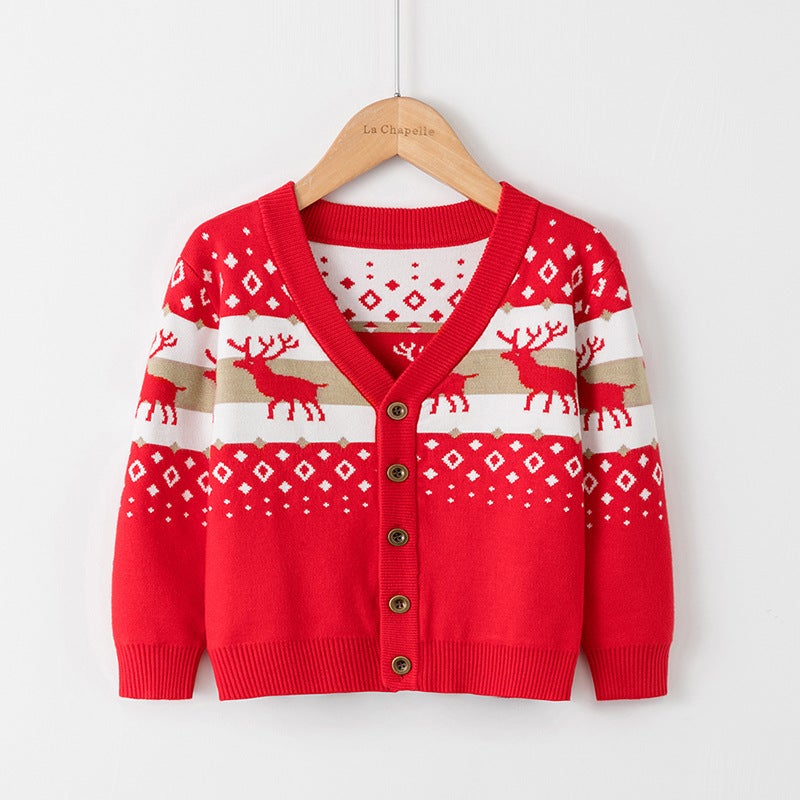 'S Popular Kidsren'S Christmas Sweater Cardigan For Boys And Girls Double-Layer Cartoon Elk Jacquard Knitted Jacket - Image 1