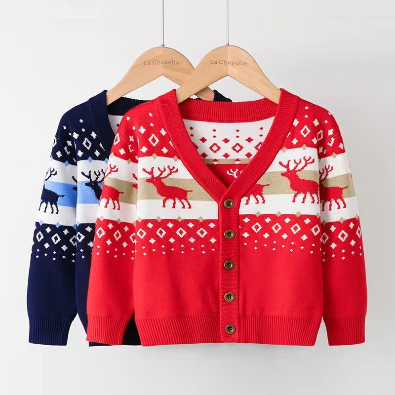 'S Popular Kidsren'S Christmas Sweater Cardigan For Boys And Girls Double-Layer Cartoon Elk Jacquard Knitted Jacket - Image 2