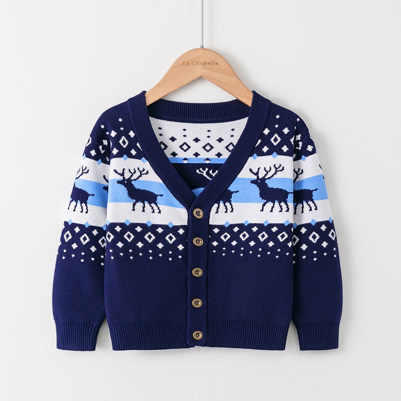 'S Popular Kidsren'S Christmas Sweater Cardigan For Boys And Girls Double-Layer Cartoon Elk Jacquard Knitted Jacket - Image 3