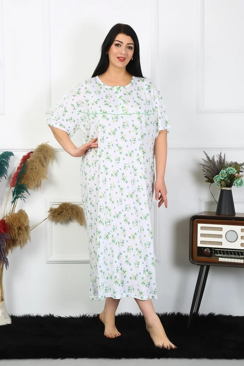 Akbeniz Women's Plus Size Short Sleeve White Mother's Nightgown 1372