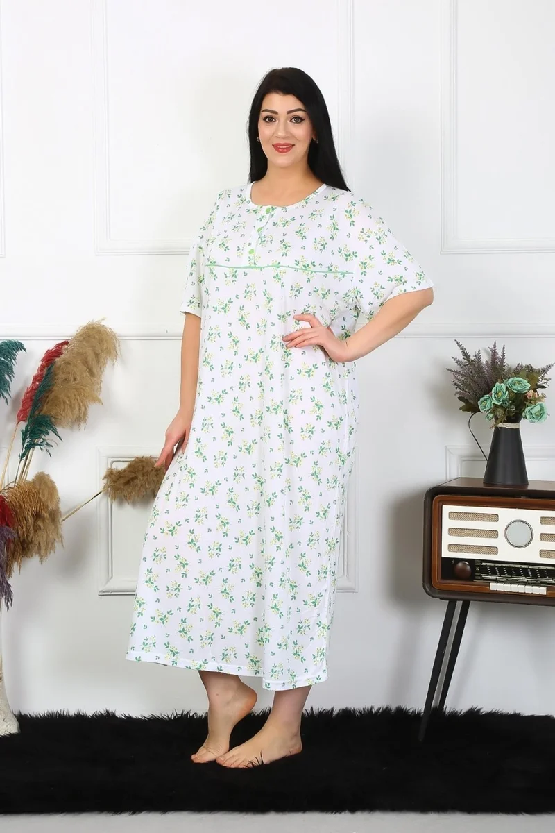 Akbeniz Women's Plus Size Short Sleeve White Mother's Nightgown 1372