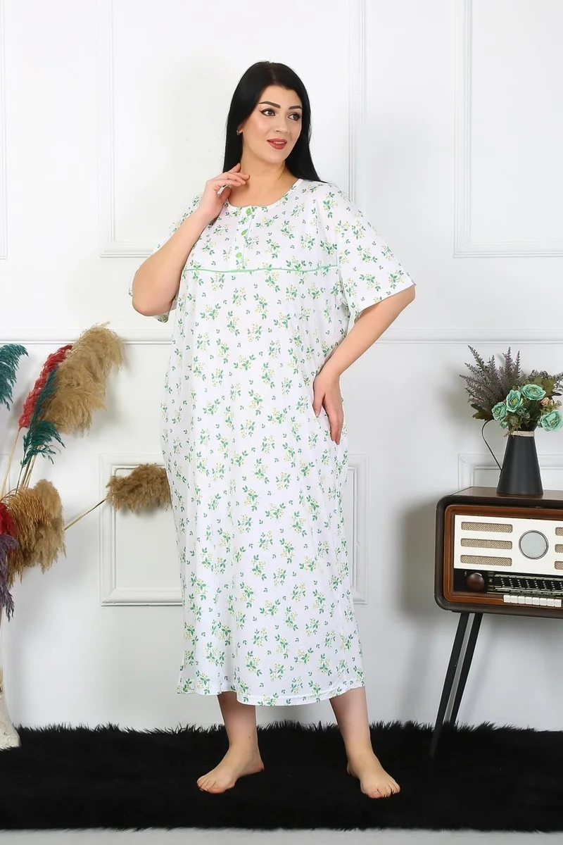 Akbeniz Women's Plus Size Short Sleeve White Mother's Nightgown 1372
