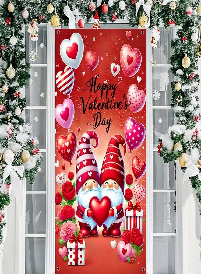 BlissYard Happy Valentine's Day Door Cover Valentines Gnomes Theme Photography Background Party Door Banner Decoration Colorful Red Rose LOVE Heart Door Backdrop Porch Sign Banner Supplies 35 x 70 in - Image 1