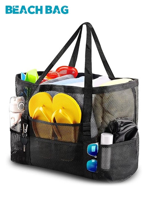 Mesh Beach Bag, Large Beach Tote Bags for Women Foldable Mesh Swimming Pool Bag with Mini Pockets - Sandproof, Waterproof