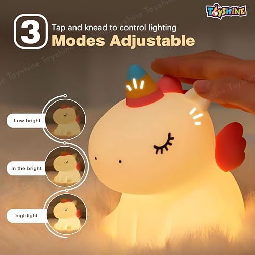 Toyshine Cute Sitting Unicorn Night Light Squishy Silicone 3 Level Dimmable LED Rechargeable Bedside Touch Lamp with Timer Function for Bedroom & Office - Image 3