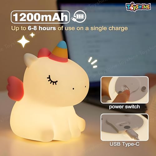 Toyshine Cute Sitting Unicorn Night Light Squishy Silicone 3 Level Dimmable LED Rechargeable Bedside Touch Lamp with Timer Function for Bedroom & Office - Image 2