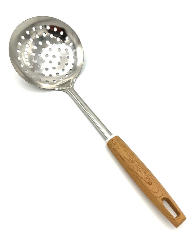 SKIMMER SLOTTED SPOON LADLE WITH HOLES STAINLESS STEEL WITH NYLON WOOD EFFECT HANDLE KITCHEN COOKING AND FRYING SPOON STRAINER OIL COLANDER