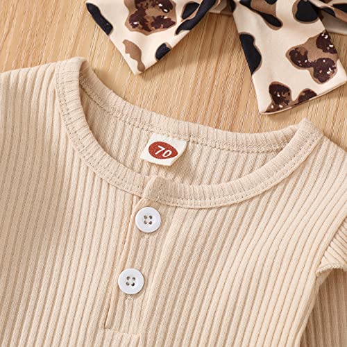 fhutpw Newborn Baby Girl Clothes Infant Rib Frill Long Sleeve Romper Flared Pants Headband Set 3pcs Fall Winter Outfits (A- Beige, 6-9 Months) - Image 4
