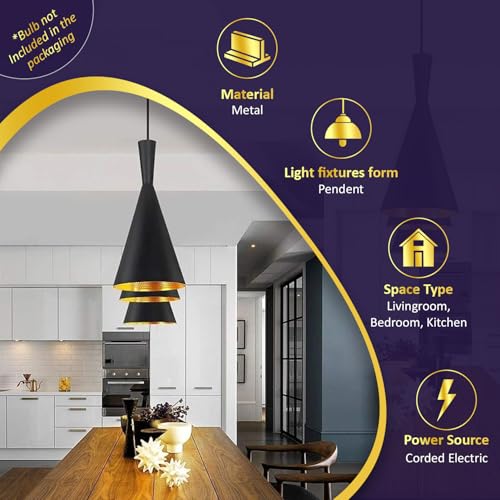 Lexton Single Head Metal Cone Shade Pendant Light | for Bedroom, Kitchen, Restaurant, Indoor Outdoor or Home Decoration (Black, Pack of 1) (Bulb Not Included) - Image 5