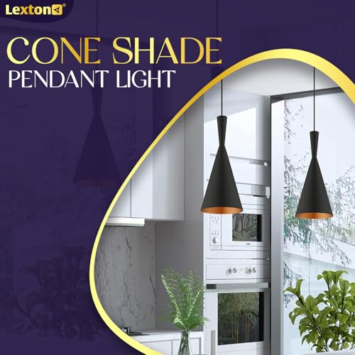 Lexton Single Head Metal Cone Shade Pendant Light | for Bedroom, Kitchen, Restaurant, Indoor Outdoor or Home Decoration (Black, Pack of 1) (Bulb Not Included) - Image 2