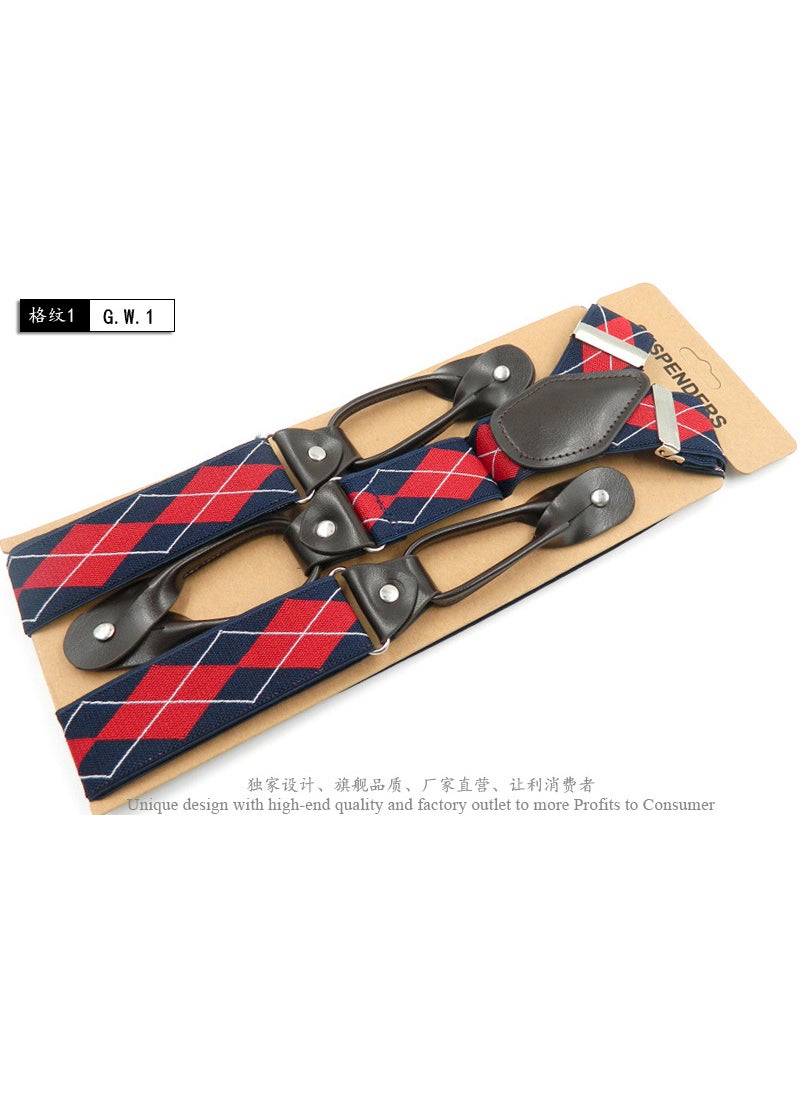 Generic British Style Button Suspenders 3.5cm Wide Plaid 1 navy blue red +120cm 