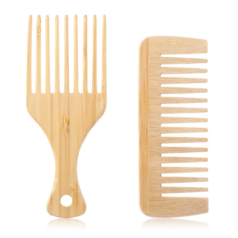 2 PCS Wood Hair Pick Wooden Comb Bamboo Wide Tooth Comb AntiStatic Hair Pick Comb for Curly Hair Detangling Styling for Men Women