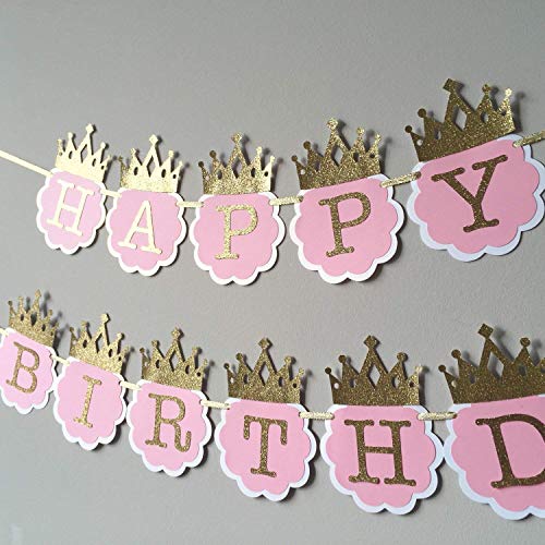 Balloonistics Happy Birthday Card Board Banner for Boys and Girls with Glitter Crown (Pink and Gold) - Image 1