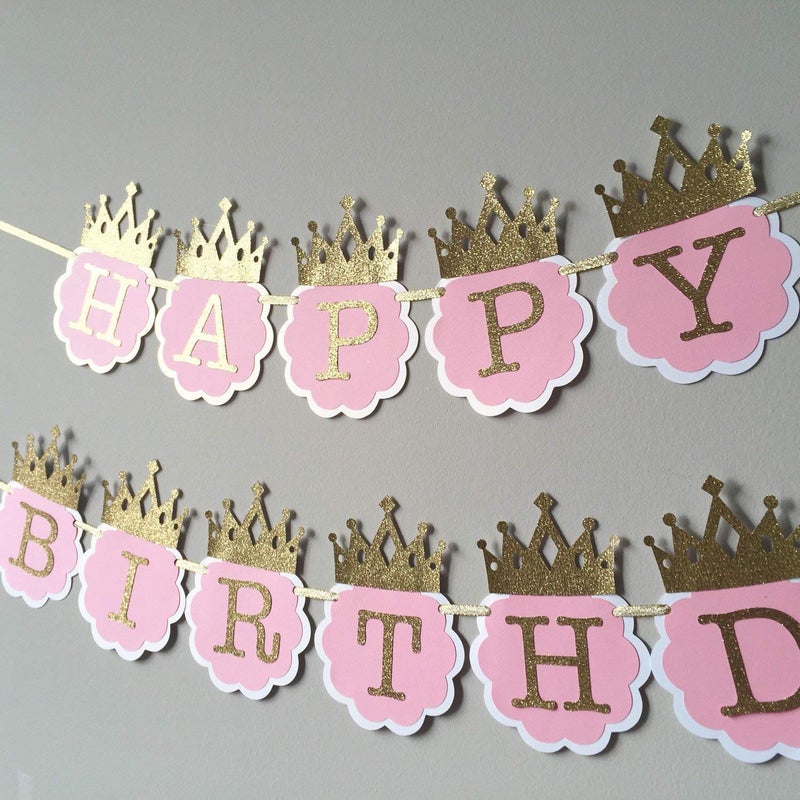 Balloonistics Happy Birthday Card Board Banner for Boys and Girls with Glitter Crown (Pink and Gold) - Image 5