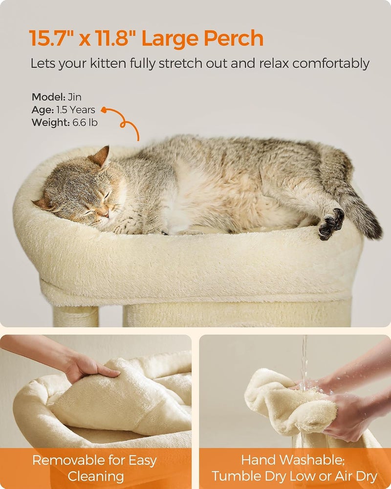 Cat Tree, 26.4-Inch Cat Tower, Plush Condo for Kittens up to 7 lb, Large Perch, 2 Caves, Scratching Post, Beige UPCT611M01 - Image 3