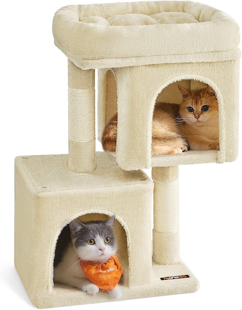 Cat Tree, 26.4-Inch Cat Tower, Plush Condo for Kittens up to 7 lb, Large Perch, 2 Caves, Scratching Post, Beige UPCT611M01 - Image 1