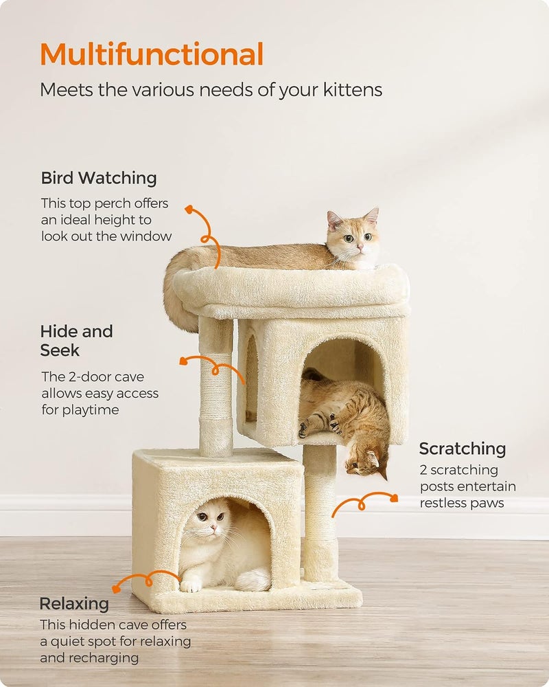 Cat Tree, 26.4-Inch Cat Tower, Plush Condo for Kittens up to 7 lb, Large Perch, 2 Caves, Scratching Post, Beige UPCT611M01 - Image 4