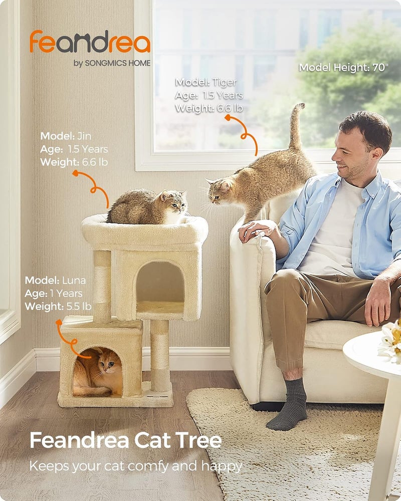 Cat Tree, 26.4-Inch Cat Tower, Plush Condo for Kittens up to 7 lb, Large Perch, 2 Caves, Scratching Post, Beige UPCT611M01 - Image 2