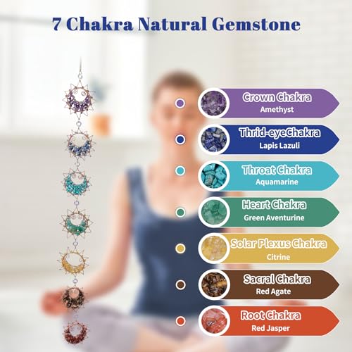 Dreamocean 7 Chakra Healing Crystals Hanging OrnamentHandmade Sun Chakra Stones Natrual Gemstones Wall Hanging Ornaments for Home Decor Yoga Meditation 7 Chakra Sun - Image 3