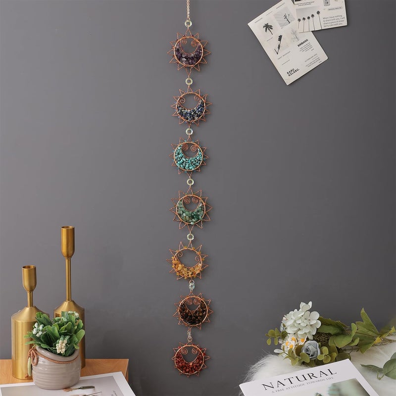 Dreamocean 7 Chakra Healing Crystals Hanging OrnamentHandmade Sun Chakra Stones Natrual Gemstones Wall Hanging Ornaments for Home Decor Yoga Meditation 7 Chakra Sun - Image 2