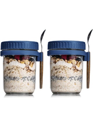 Ash & Roh Overnight Oats Containers with Lids and Spoons 350 ml Glass Mason Jars for Overnight Oats Leak Proof Oatmeal Container Great for Cereal Fruit Vegetable Milk Salad Yogurt (Blue 2) - pzsku/Z4E9DB0B6771AE4782D74Z/45/_/1737721122/a71d3631-4a51-4a95-86e3-5cd3d357906e