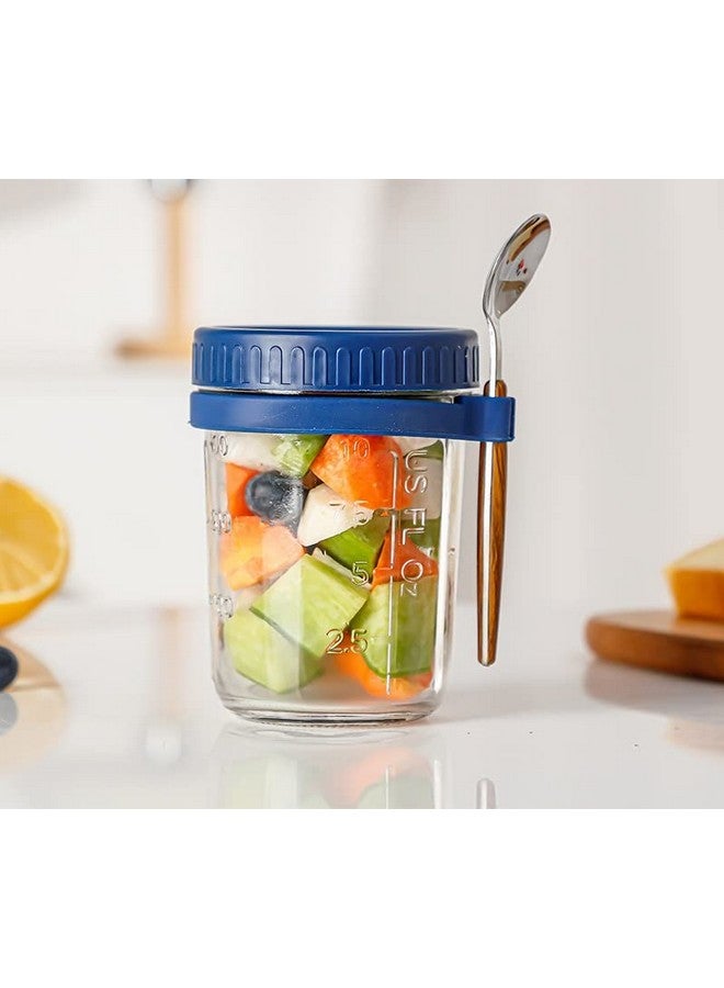 Ash & Roh Overnight Oats Containers with Lids and Spoons 350 ml Glass Mason Jars for Overnight Oats Leak Proof Oatmeal Container Great for Cereal Fruit Vegetable Milk Salad Yogurt (Blue 2)