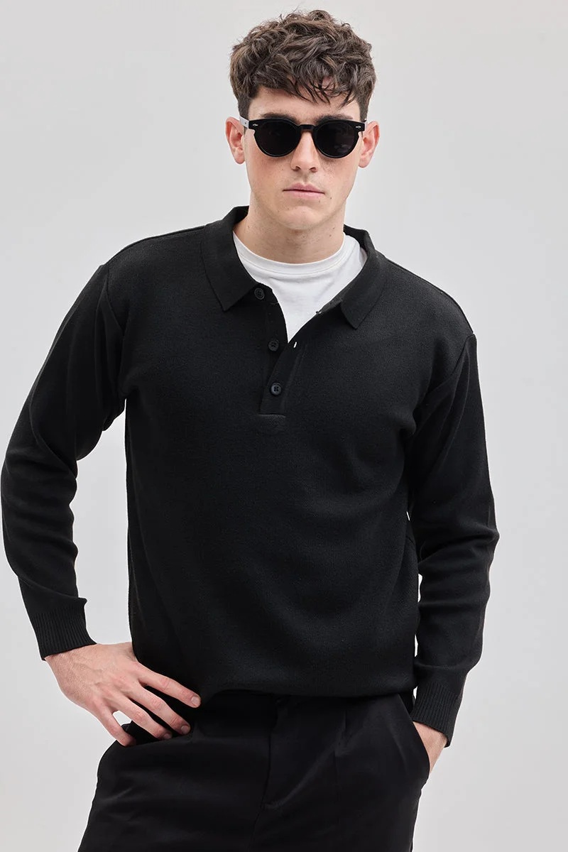 سنيتش Black Textured Long Sleeve Regular Fit Casual Sweater