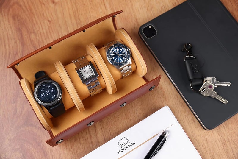 BROWN BEAR Genuine Leather Watch Box Organizer for Men and Women- 3 Watch Storage with Adjustable & Removable Pillows - Image 2