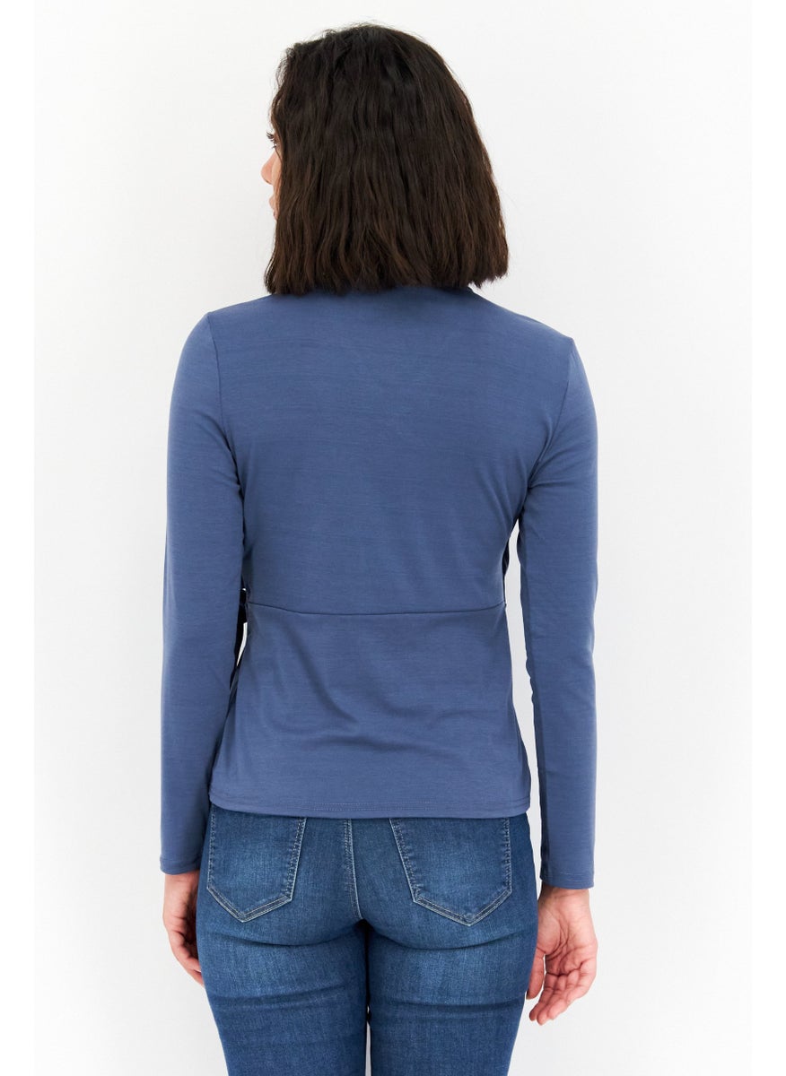 Cooper & Ella - Women Surplice Neck Long Sleeve Plain Blouse, Indigo Blue - Image 1