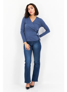 Cooper & Ella Women Surplice Neck Long Sleeve Plain Blouse, Indigo Blue  - Image 4