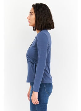 Cooper & Ella Women Surplice Neck Long Sleeve Plain Blouse, Indigo Blue  - Image 3
