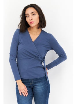 Cooper & Ella Women Surplice Neck Long Sleeve Plain Blouse, Indigo Blue  - Image 1