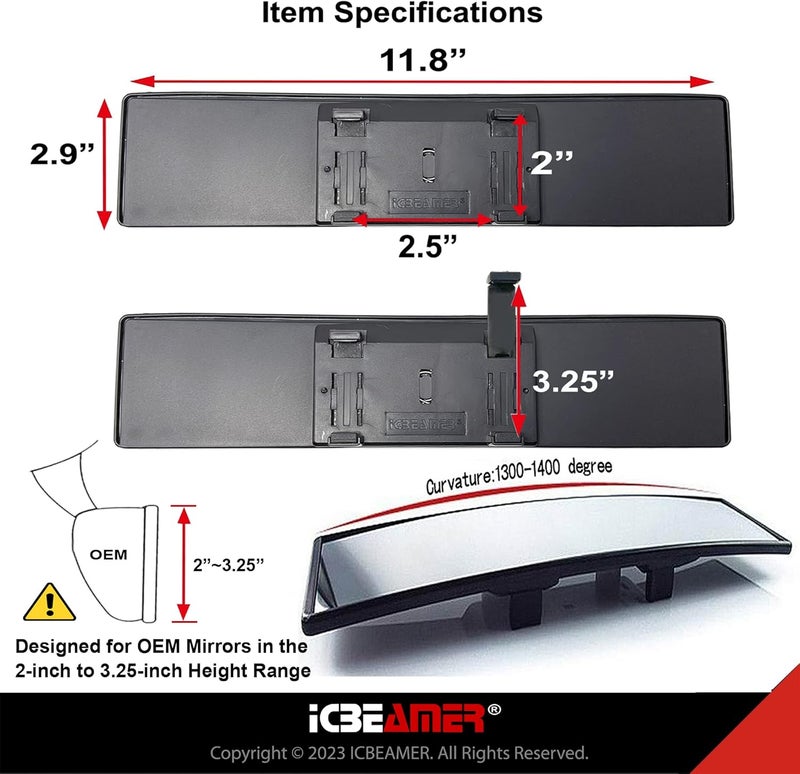 ICBEAMER 11.8 Inch Car Rearview Mirror, Panoramic Wide Angle, HD Clear Tint Glass, Interior Clip On Convex Car Mirror, Anti Glare, Automotive Accessories, Universal for Truck, Car, SUV, Pack of 1 Safe material - Image 5