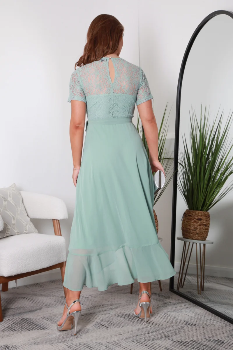 Double Second mint green Lace Top Frill Hem True Wrap Dress for Women | Best Price UAE