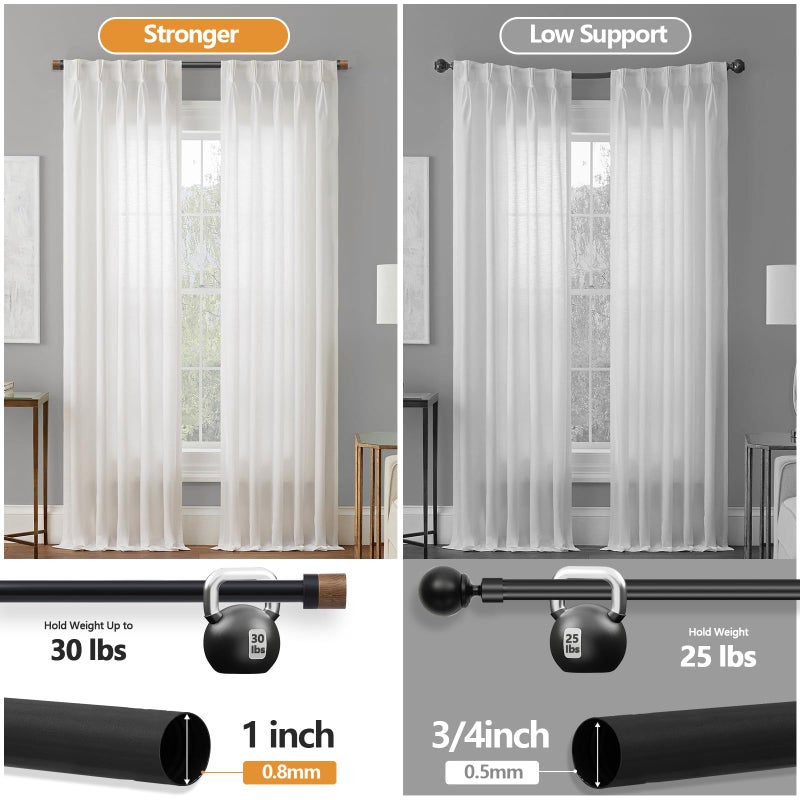 QITERI Wood Curtain Rods for Windows 48 to 84 Inches(4-7ft),1 inch Adjustable Window Curtain Rods with Imitation Wood Grain Finials,Heavy Duty Decorative Drapery Rod for Bedroom,Kitchen and patio - Image 4