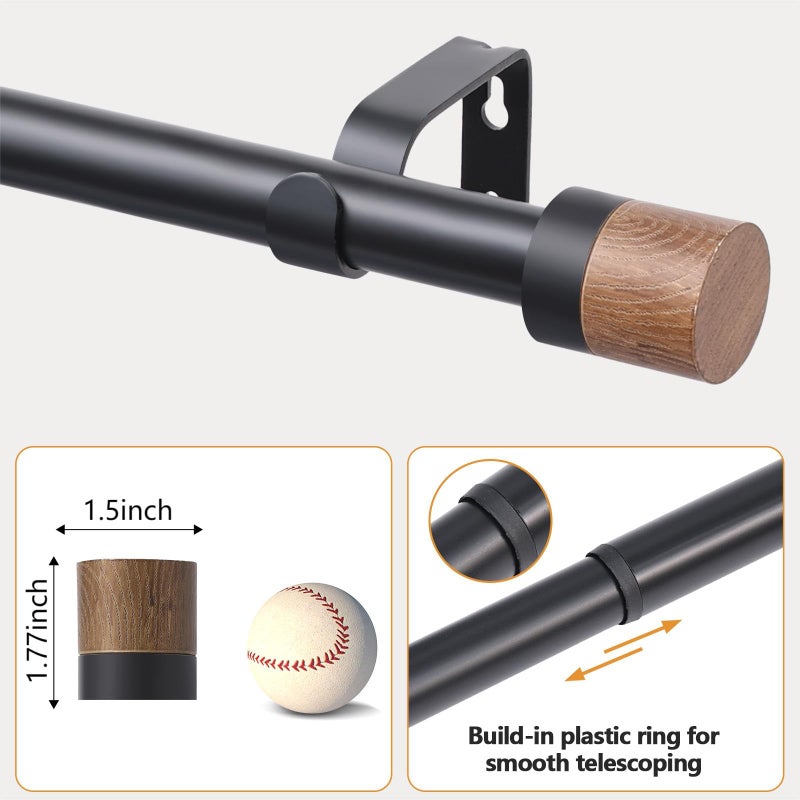 QITERI Wood Curtain Rods for Windows 48 to 84 Inches(4-7ft),1 inch Adjustable Window Curtain Rods with Imitation Wood Grain Finials,Heavy Duty Decorative Drapery Rod for Bedroom,Kitchen and patio - Image 3