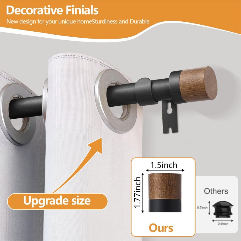 QITERI Wood Curtain Rods for Windows 48 to 84 Inches(4-7ft),1 inch Adjustable Window Curtain Rods with Imitation Wood Grain Finials,Heavy Duty Decorative Drapery Rod for Bedroom,Kitchen and patio - Image 2