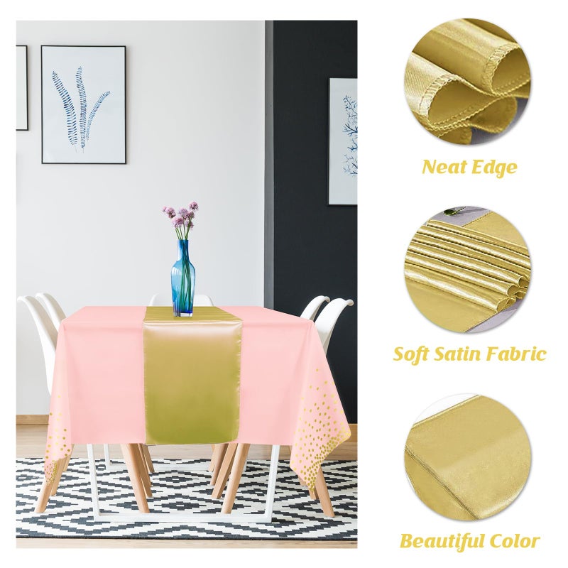 MASHAN 16Pack Disposable Plastic Tablecloths and Satin Table Runner Set Pink and Gold Dot Tablecloth Gold Satin Table Runner for Wedding Birthday Baby Shower Anniversary Christmas New Year Party Supplies - Image 3