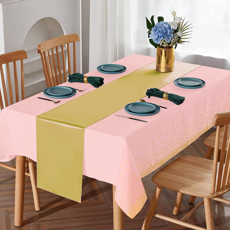 MASHAN 16Pack Disposable Plastic Tablecloths and Satin Table Runner Set Pink and Gold Dot Tablecloth Gold Satin Table Runner for Wedding Birthday Baby Shower Anniversary Christmas New Year Party Supplies - Image 4