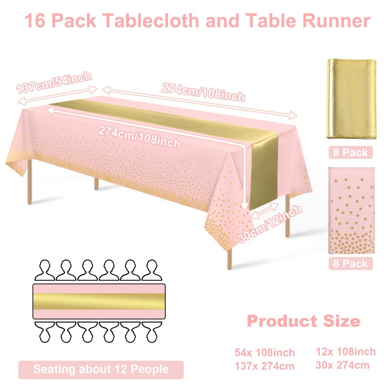 MASHAN 16Pack Disposable Plastic Tablecloths and Satin Table Runner Set Pink and Gold Dot Tablecloth Gold Satin Table Runner for Wedding Birthday Baby Shower Anniversary Christmas New Year Party Supplies - Image 2