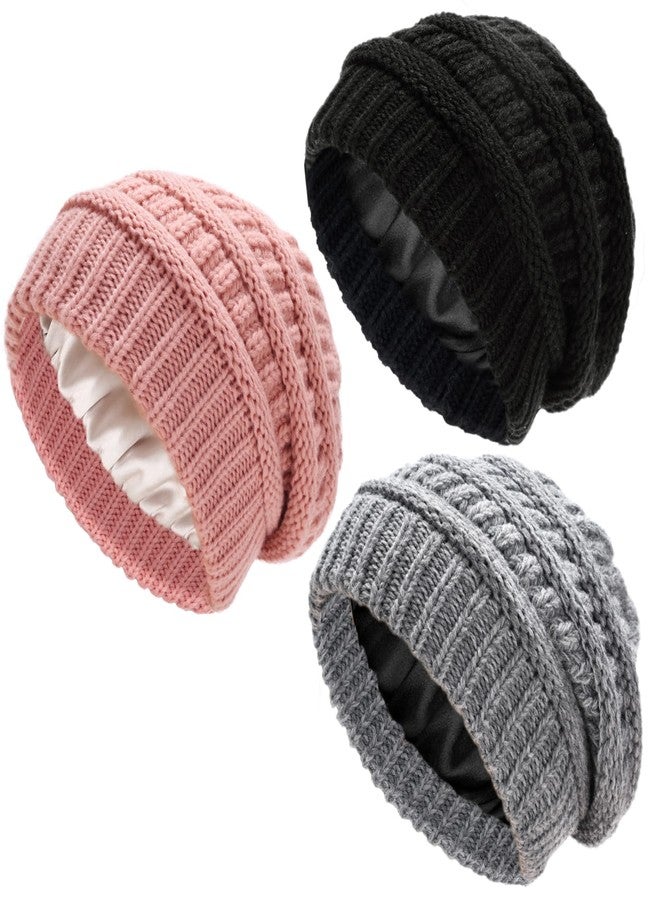 Ultrafun 3 Pack Satin Lined Beanie for Women, Slouchy Winter Hats with Silk Lined, Oversized Knit Warm Hat Skull Cap, Black, Grey, Pink, One size - Image 1